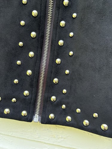 Mini Skirt Black Faux Suede Studded Zipper Front Stretch Short Festival Size 8 - Picture 2 of 4