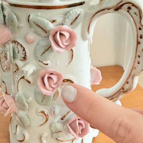 Vintage Fine Bone China Watering Can Vase w/Raised Pink Roses & Gold Trim 6.25" - Picture 5 of 8