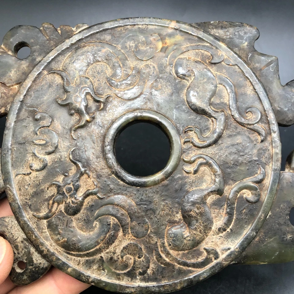 Raro Dragón Fénix "Bi" Yubi L 23,5 cm Tallado Jade Hetiano Antiguo China Dinastía Han Foto 2 de 4