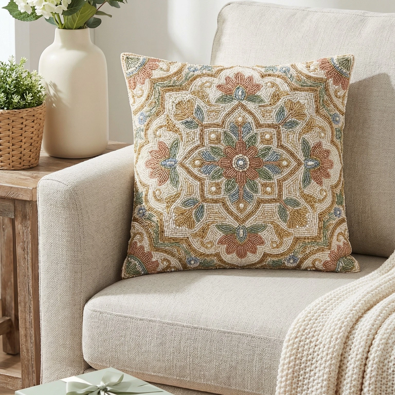 Hand-Beaded Medallion Boho Decorative Throw Pillow Accent Cushion Cover 16x16