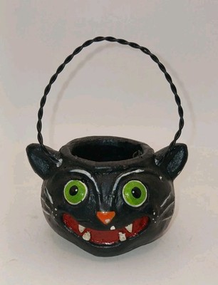 Vintage Black Cat Head Mini Bucket Jack O'Lantern 3'' Halloween Decor Resin
