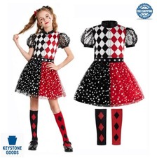 Clown Halloween Costume Girls Cosplay Red Black Tutu Dress Puff Sleeve Knee