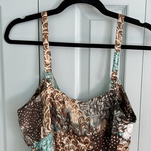 Camiseta sin mangas Babydoll de satén de seda Y2K Meno XL coqueta con cuentas de encaje marrón azul - Imagen 7 de 12