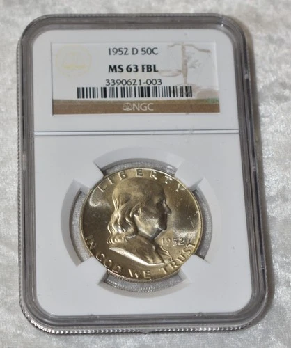 1952 D FRANKLIN 90% SILVER HALF DOLLAR NGC MS 63 FBL  MS63FBL DENVER MINT COIN