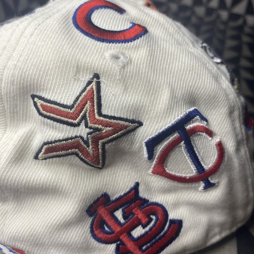 Vintage MLB Teams Patch Logos All-Over White 59FlFTY Fitted Cap-5950 Hat 7 1/2 - Picture 14 of 22