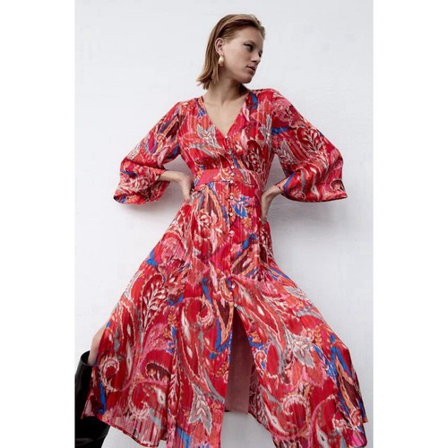 ZARA METALLIC THREAD PRINTED V-Neck DRESS Button-down Red Sz Small Midi Chiffon - Picture 7 of 8