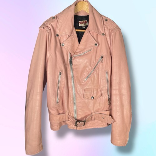 Vintage Flip Pale Pink Custom Cropped Belted Biker Leather Jacket Men’s Medium - Picture 8 of 23
