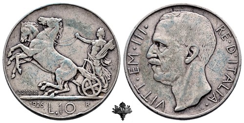 KÖNIGREICH ITALIEN 10 Lire 1926 Biga SELTEN SILBER Vittorio Emanuele III