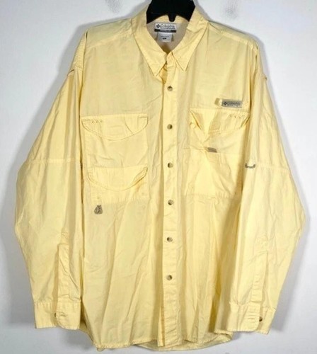 Yellow Mens Sz Large Button Up Vented PFG BONEHEAD Short Sleeve Shirt COLUMBIA - Picture 4 of 5