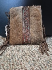Women's Western Cross Body Bag Purse Leather Cow Hair Fringe Floral Tool Brown