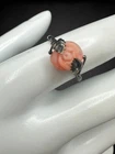 Antique 800 Silver Carved Rose Mediterranean Coral Leaf Solitaire Ring Sz 8.5