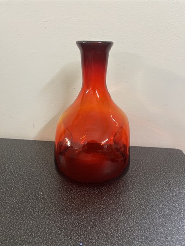 Blenko soplado a mano Amberina? "Florero jarra de vidrio pellizcado rojo naranja 8"" vintage" - Imagen 2 de 9