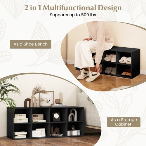 Black 8 Cubbies Shoe Storage Wooden Entryway Organizer Shelves With Seating Area - Picture 8 of 10