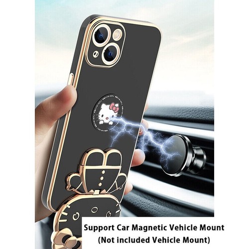 For iPhone 16 Pro Max 15 14 13 12 11 Chrome Cartoon HelloKitty Stand Mirror Case - Picture 7 of 30