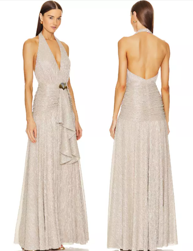 Patbo DRAPIERTES LUREX NECKHOLDER MAXIKLEID mit goldfarbener Schnalle in Champagner Größe 4 850 $ - Bild 8 von 19