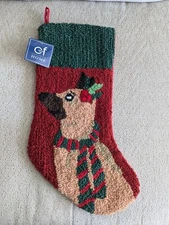 C & F Home Hooked Christmas Stocking Tan Dog In Hat  Wool 8.5" x 20" 