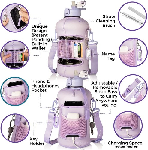 Halbe Gallone 2,2 l Sport Fitness Wasserflasche mit Strohhalm und integrierter Geldbörse 74 Unzen groß - Bild 21 von 38