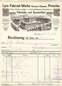 Litho Rechnung Lyra Fahrrad Werke Hermann Klaassen Prenzlau 1910 D7 Ebay