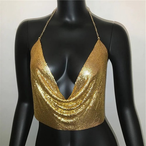 Metall Pailletten Neckholder Damen sexy V-Ausschnitt rückenlose Kette Tauchtank Weste kurzes Oberteil - Bild 9 von 27