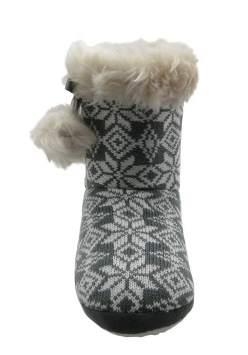 Damen Strick Fairisle gefütterte Bootie Hausschuhe mit kuscheligem Kunstfellbesatz & Bommeln - Bild 13 von 19