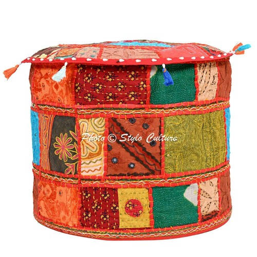 Ethnic Round Pouffe Ottoman Foot Stool Cover Cotton Boho Patchwork Embroidered - Picture 6 of 53