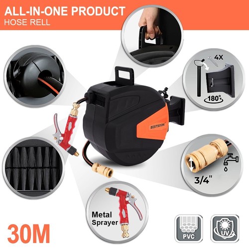 BESTSOON 30M Retractable Garden Water Hose Reel Storage Gun Rewind Wall Mount - Picture 3 of 11
