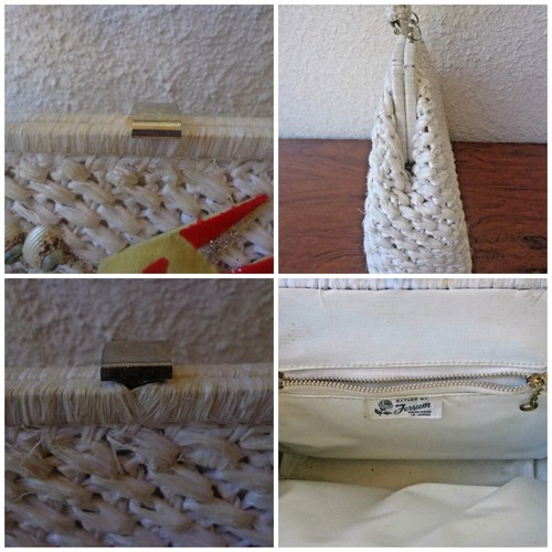 Vintage 50s 60s Faux Raffia Straw Handbag Real Seashells Velveteen FISH CRAB - Picture 8 of 8