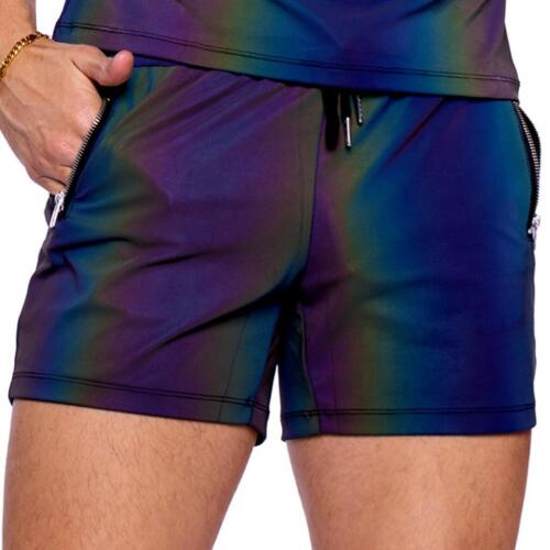 Reflective Shorts Zipper Pockets Drawstring Multicolor Rainbow Rave Dance 6538 - Picture 2 of 8
