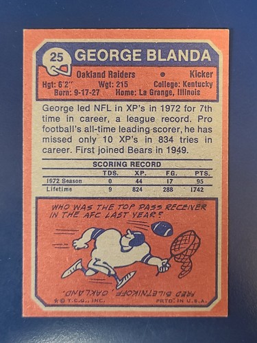 1973 Topps Football Karte #25 George Blanda Oakland Raiders - Bild 2 von 2