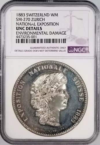 1883 Switzerland Nat'l Expo, WM Medal, SM-270,45mm, Zurich, NGC UNC Details! 