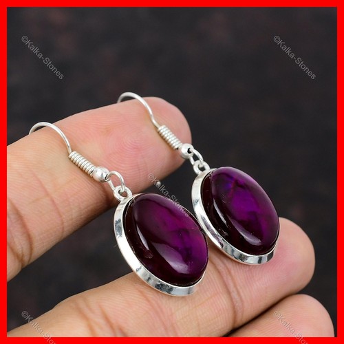 925 Sterling Silver Natural Purple Fire Labradorite Dangle Drop Earrings Jewelry - Picture 5 of 6