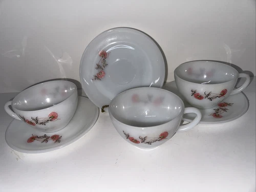 Vintage AH Fire King Pink Fleurette Floral Milk Glass Cup & Saucer Set