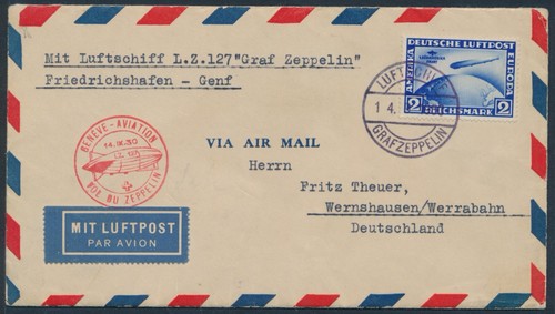 Zeppelin Fahrt nach Genf 1930 2 Mark Südamerikafahrt Bordpost Brief (1373)