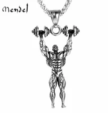 MENDEL Mens Gym Barbell Dumbbell Bodybuilding Necklace Pendant Stainless Steel