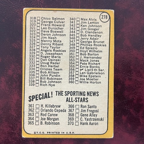1968 Topps Set ORLANDO CEPEDA 4TH SERIES CHECKLIST #278b CARDINALS UNMARKED VGEX - Picture 2 of 2