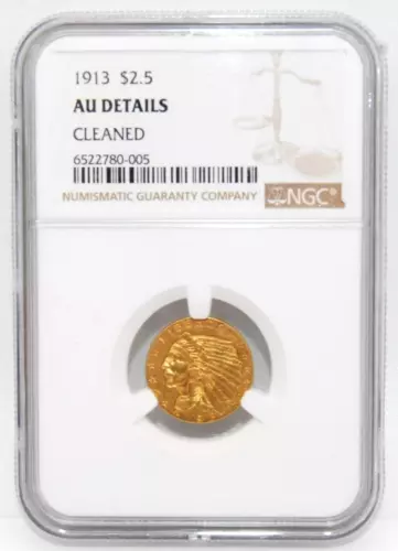 1913 $2.5 Indian Head Gold Quarter Eagle - NGC AU DETAILS (CLEANED)