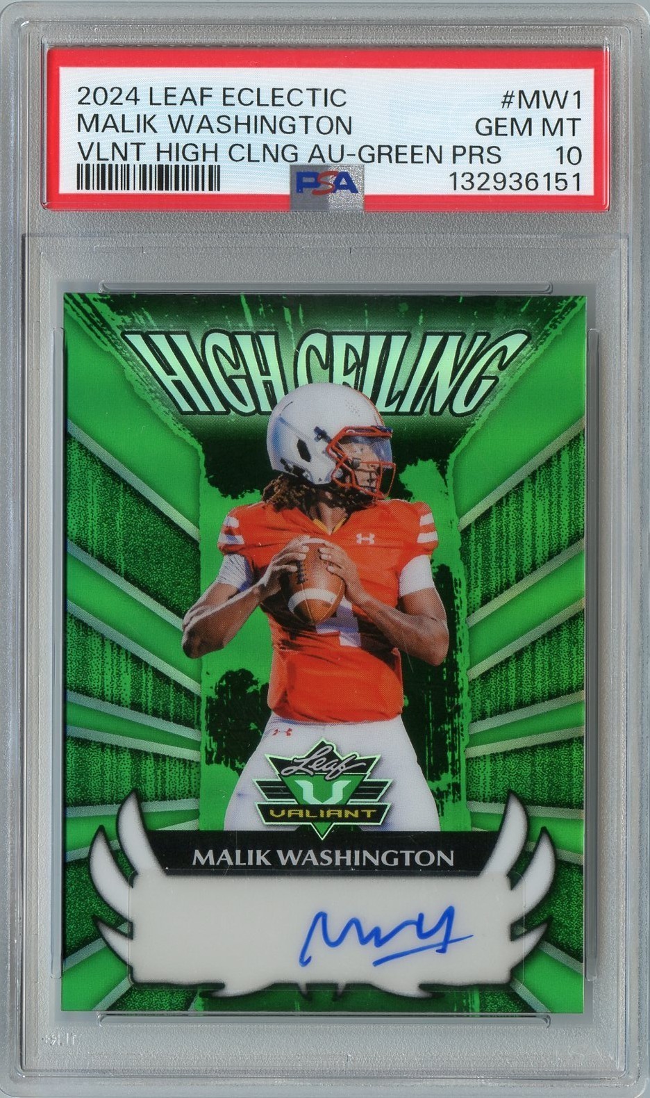 Malik Washington Leaf Eclectic Valiant High Ceiling Autographs #MW1 Green Prismatic