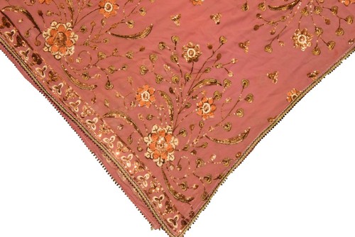 Vintage Indian Bridal Pink Dupatta Sequins Beaded Georgette Scarf Stole Hijab L" - Picture 6 of 8