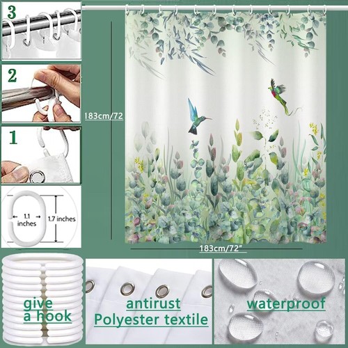 Green Leaf Shower Curtain, Emerald Bird Mint Green Shower Curtain -72 "W x 72... - Picture 2 of 8