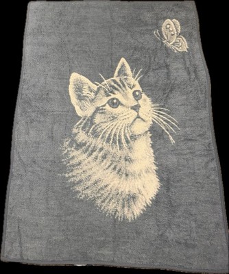 Cannon Ibena Vtg 1980s Cat Butterfly Blanket Throw Blue White  74x55''