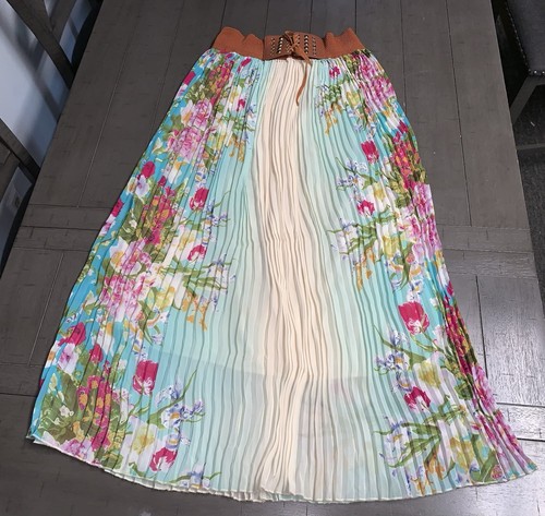 A3 MEDIUM MINT GREEN PLEATED PASTELS FLORAL BELTED LINED MIDI FLOWING SKIRT - Picture 3 of 20