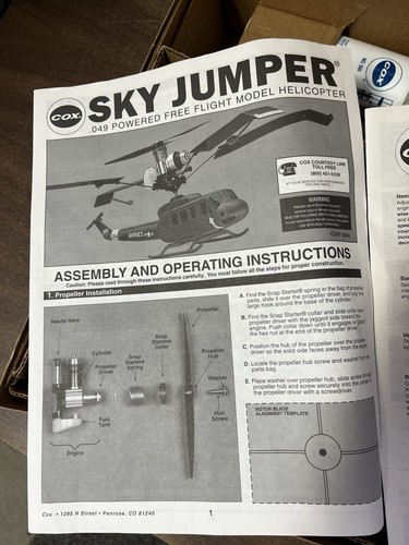 NEW .049 Powered Engine FreeFlight COX SKY JUMPER Helicopter Bell UH-1D Huey - Picture 10 of 11
