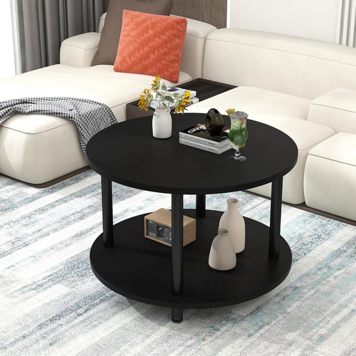 23.6" round Coffee Table, 2-Tier Small Circle Coffee Table with Storage, Modern - Picture 2 of 7