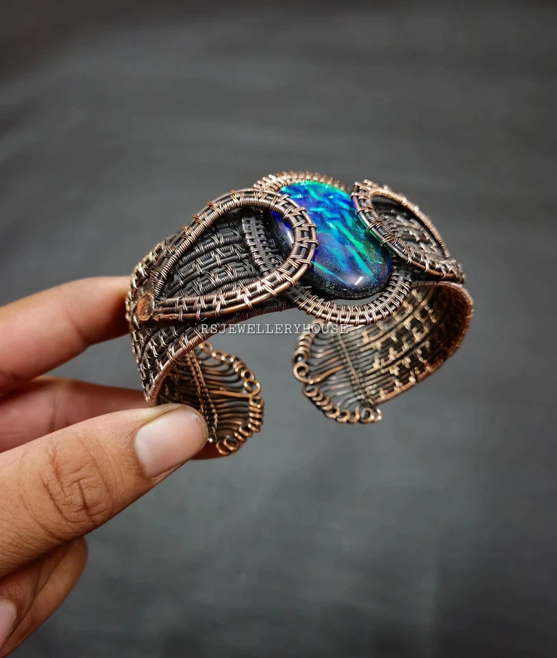 Brazalete Australiano Triplete Ópalo Cobre Envuelto Alambre Brazalete Ajustable Joya Foto 2 de 4