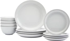 Tabletops Gallery 12-Piece Embossed White Vintage Stoneware Dinnerware Set
