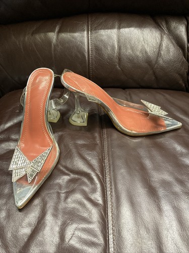 Amina Muaddi Style transparente PVC Heels Strass Schleife spitz zulaufend Pantoletten Gr. 37 - Bild 3 von 16