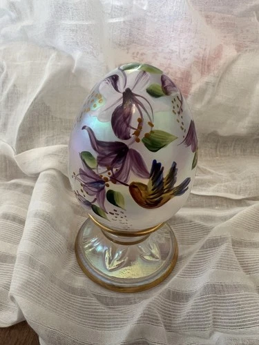 Fenton Hand Painted Opalescent Glass Egg Floral & Humming Bird Signed S. Smith