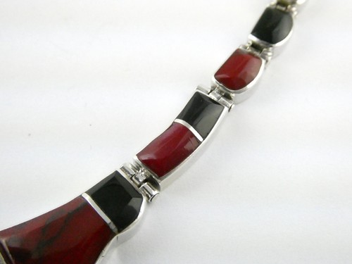 Taxco Mexico 950 Silver Black Onyx and Red Jasper Panel Link Necklace 67.7g 15In - Picture 4 of 24