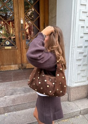 Hobo Shoulder Bag In Genuine Suede Leather Made In Italy-brown Brown Leather