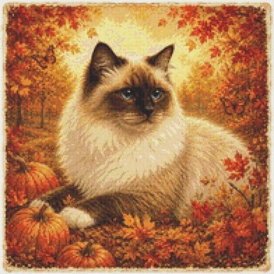 Birman Kätzchen Katze im Herbst. Kreuzstich gezählt